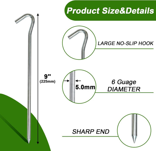 Metal Tent Stakes Heavy Duty 9 Inch, Anti-Rust Yard Pegs for Camping