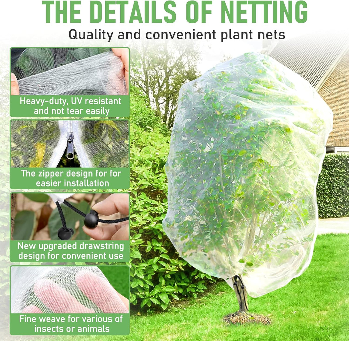 Fruit Tree Netting, Plant Mesh Netting for Garden Protection, Blueberry Bush Insect Netting Cover as Garden Pest Barrier from Cicadas, Bug, Bird (2.6x3.3 FT, 4Pcs, with Drawstring Design)
