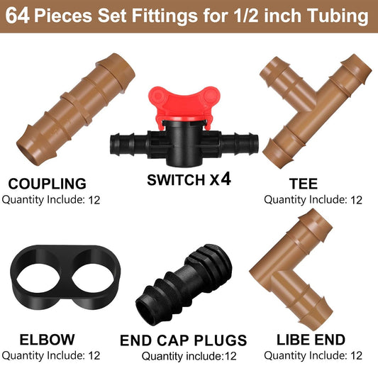 1/2 Inch Drip Irrigation Tubing Fittings Kit Including 4 Switch Valve 12 Elbows 12 Couplings 12 End Cap Plugs 12 Tees 12 End Closures Drip for Sprinkler Systems Garden Lawn Flower Pot(64 Pcs)