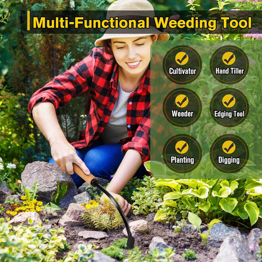Weed Puller Tool, Manual Weeder with Heavy Duty Steel Curved Head, Hand Cultivator & Garden Hoe, Reusable Wood Handle Weeding Tool for Flower Beds & Vegetable Garden (Black)