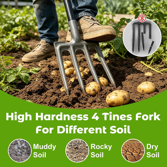 Pitch Fork, Metal Broadfork Garden Tool Long Handle, 4 Tine Mulch Hay Manure Digging Bedding Hay Potato Garden Fork Shovel for Gardening Loosening Soil Compost