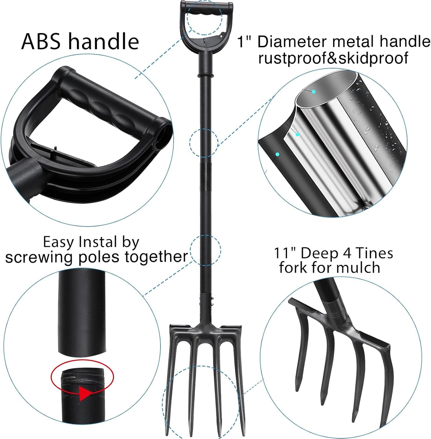 Pitch Fork, Metal Broadfork Garden Tool Long Handle, 4 Tine Mulch Hay Manure Digging Bedding Hay Potato Garden Fork Shovel for Gardening Loosening Soil Compost