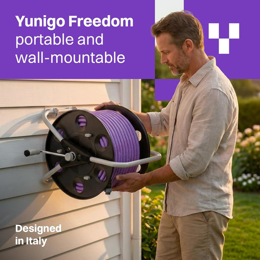 FREEDOM Portable and Wall-Mountable Garden Hose Reel equipped with 5/8' 100ft, Kink-Free Hybrid Hose, Lightweight, Easy Setup. Spray Nozzle and Leader Hose Included