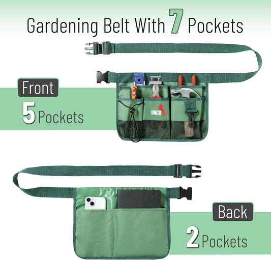 Adjustable Gardening Belt, Green, 7 Pockets, Wear, Cut and Water Resistant, Garden Tool Belt Pouch, Waist Apron with Pockets