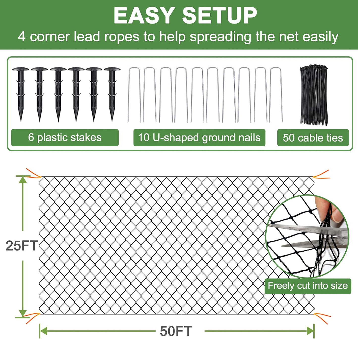 Bird Netting 50' x 50', 2.4" Square Mesh Garden Netting, Poultry Net
