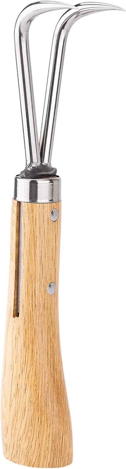 NJP956 Nekaki Nihondume Handheld Double Claw Cultivator, Japanese Stainless Steel Tine Length 1.5-Inch, 5.5-Inch Polished Wood Handle