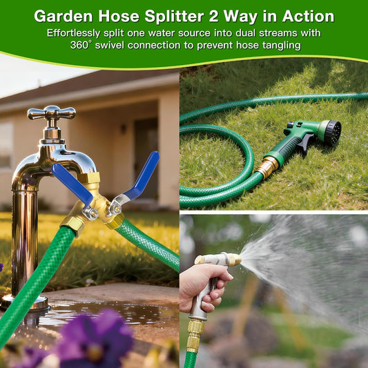 Brass Hose Splitter 2 Way, Y Garden Hose Splitter for Outdoor Faucet