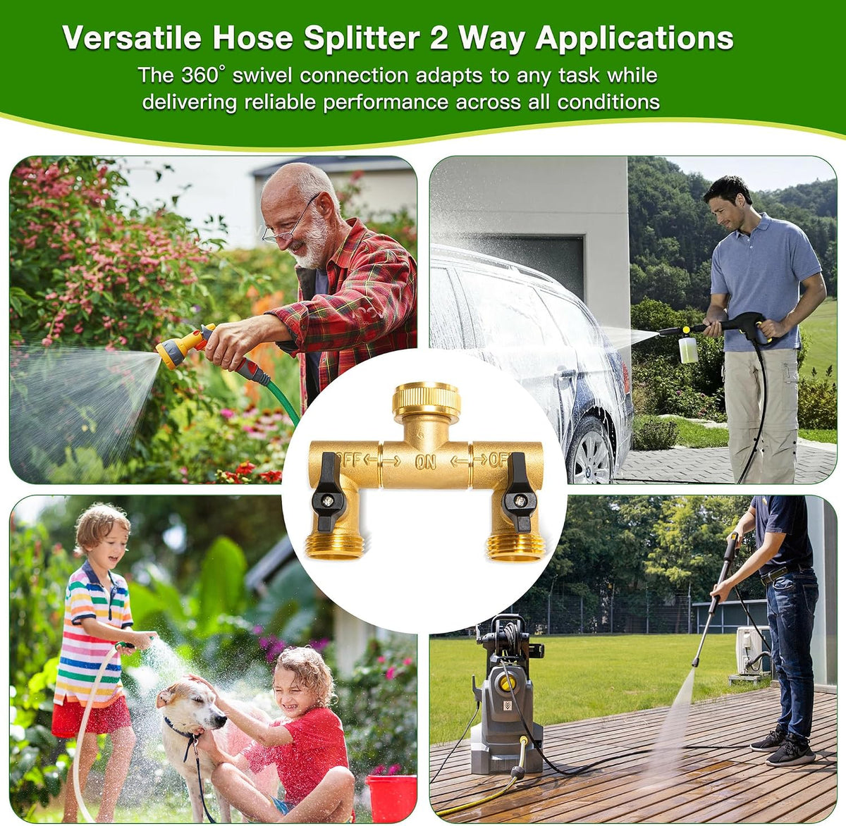 Brass Hose Splitter 2 Way, Y Garden Hose Splitter for Outdoor Faucet