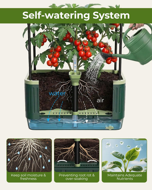 Raised Garden Bed Planter Box with Trellis, Self Watering Tomato Planters for Climbing Plants, Tomato Cage Trellis for Vegetables & Vine Flowers Indoor Outdoor Patio