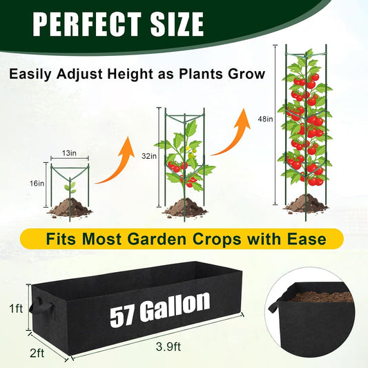 3 Pack Heavy Duty Tomato Cages with 57 Gallon Grow Bag, 48" Adjustable Tomato Trellis for Raised Garden Bed, Sturdy Triangle Plant Support for Climbing Vegetables, Cucumbers & Garden Plants