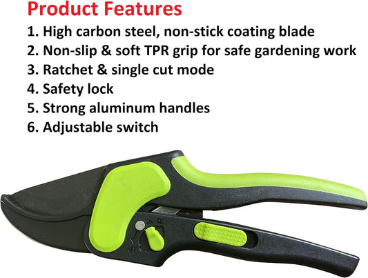 2 in 1 Ratchet Pruning Shears Clippers – 4X Cutting Power – Ratcheting Garden Anvil Pruners Scissors - Ergonomic Grip - Makes Tough Cuts Easy - Great for Seniors & Arthritic Hands