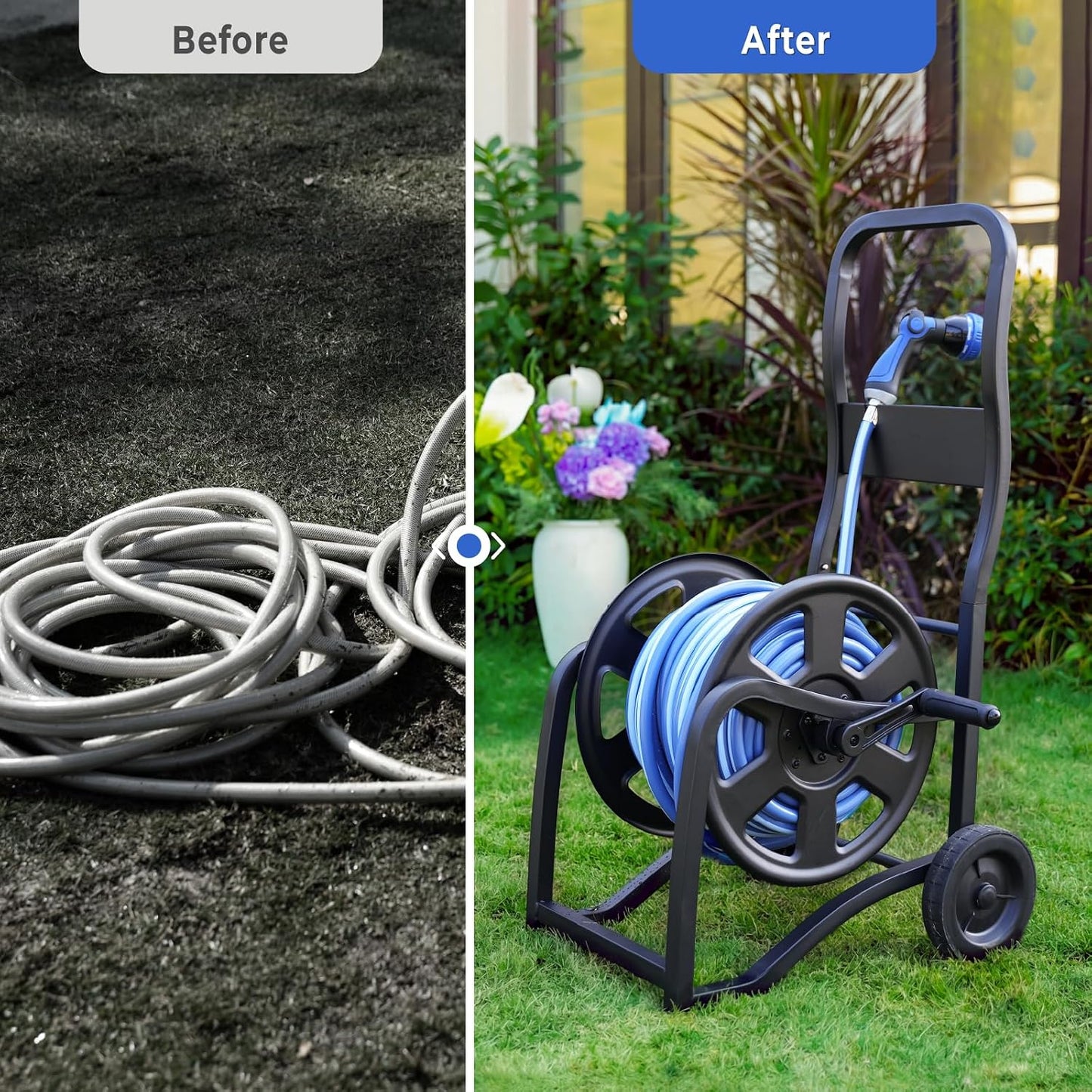 Garden Hose Reel Cart, Heavy Duty Metal Water Hose Cart with Wheels, Holds 200FT x 5/8" Hose, Leak-Proof Aluminum Water System, Anti-Burst Wheels, Ergonomic Crank, Outdoor Rust-Resistant