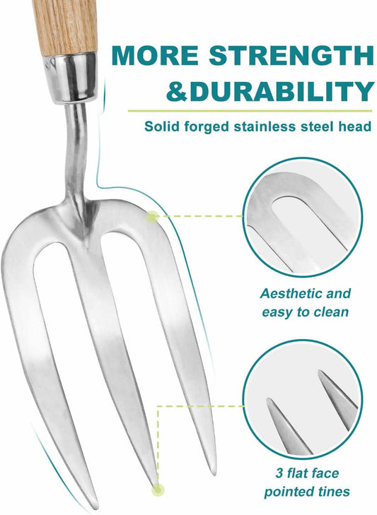 Garden Fork Hand Tool Small Weeding Fork 12 Inch with 3 Pointed Tines Wood Handle for Gardening Weeding Cultivating Digging Planting Transplanting Aerating Loosening Hard Soil