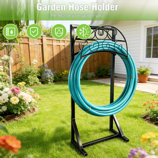 Garden Hose Holder, Heavy Duty 4 Spikes Water Hose Stand, Freestanding Hose Hanger Holds 150FT, Stable Hose Storage Organizer for Outside Yard Lawn