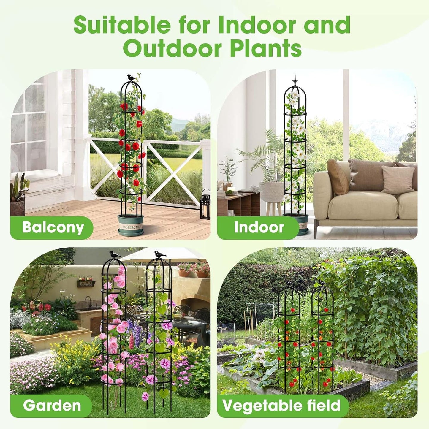 2PCS Updated Garden Obelisk Trellis for Climbing Plants Outdoor, 6.3 FT Tomato Cage, Rose, Flowers, Grape, Pea, Cucumber Trellis, Rustproof Plastic Coated Metal Plant Support Trellis for Potted Plants