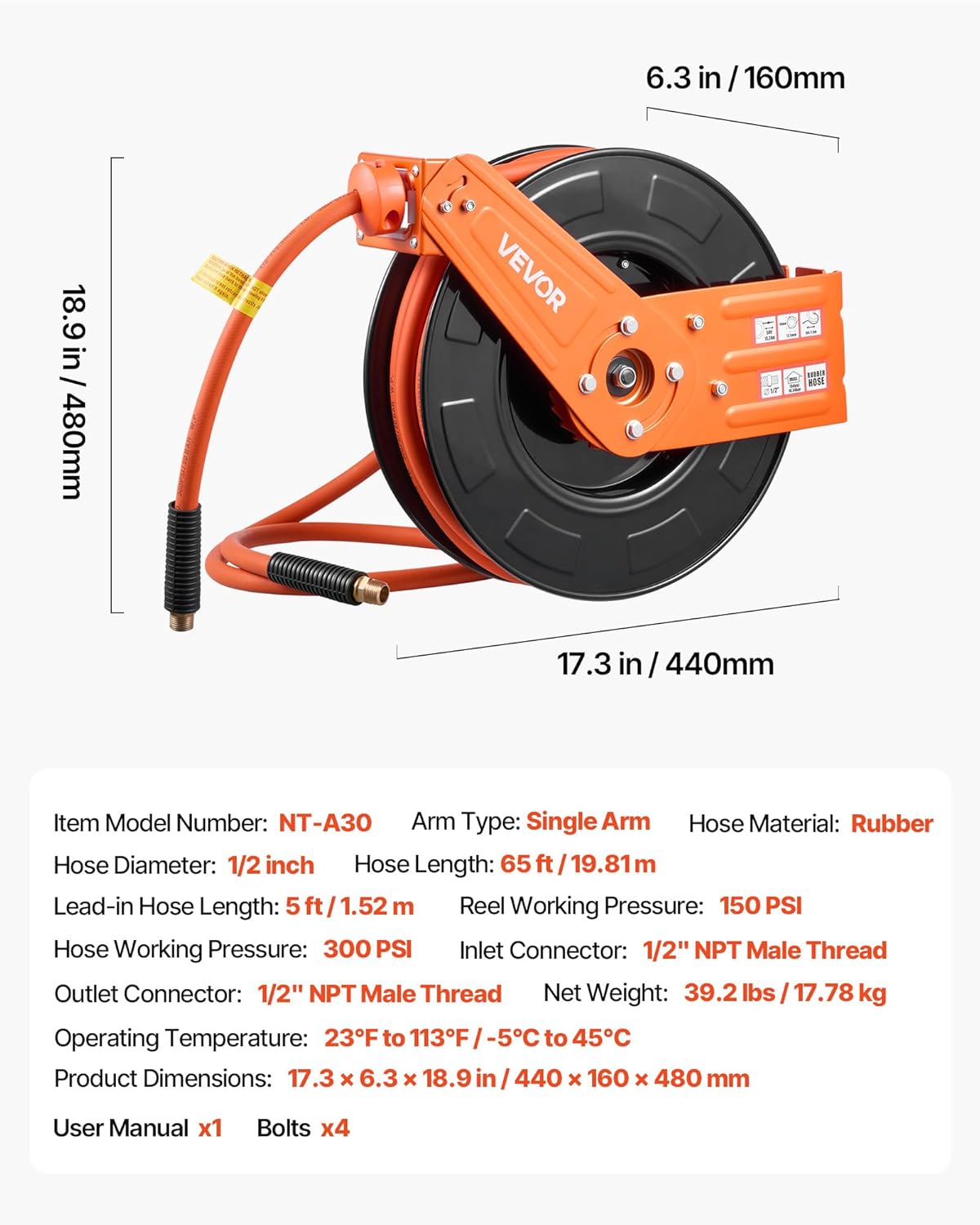 Retractable Air Hose Reel, 3/8IN x 50FT Rubber Air Hose Max 300PSI, Air Compressor Hose Reel Auto-Rewind with 5FT Lead in, Ceiling/Wall Mount Heavy Duty Single Arm Reel & 180° Swivel Bracket