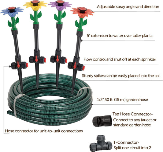 97065 Daisy Above-Ground 50 Ft Garden Hose and Sprinkler System, DIY Plant Watering Set