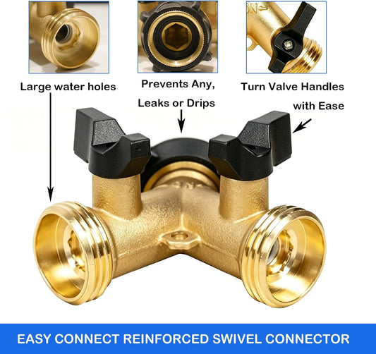 Brass Garden Hose Splitter 2 Way, Hose Y Splitter 3/4 Inch Heavy Duty Brass Hose Connector Tap Splitter, Hose Spigot Adapter 2 Valves with Rubber Washers (1 Pack)