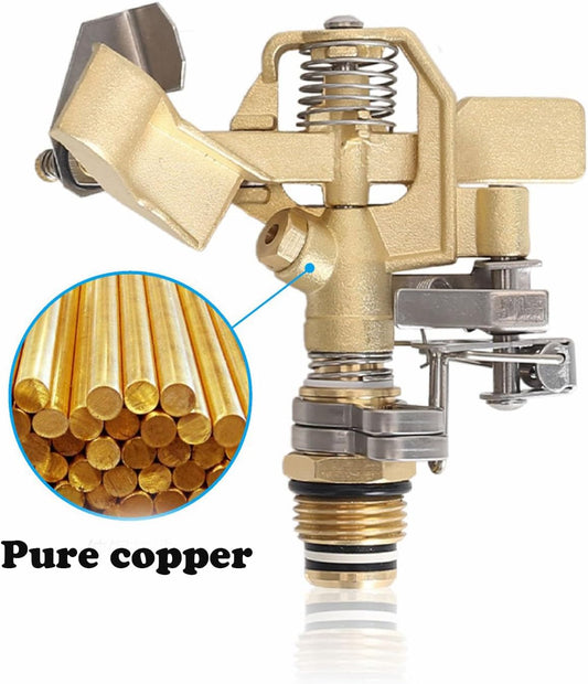 Heavy-Duty Brass Impact Sprinkler on Tripod Base, 360 Degree, 50 Feet Large Area Coverage, Adjustable Water Sprinkler, 3/4 Inch Connector Extension Legs Flip Locks