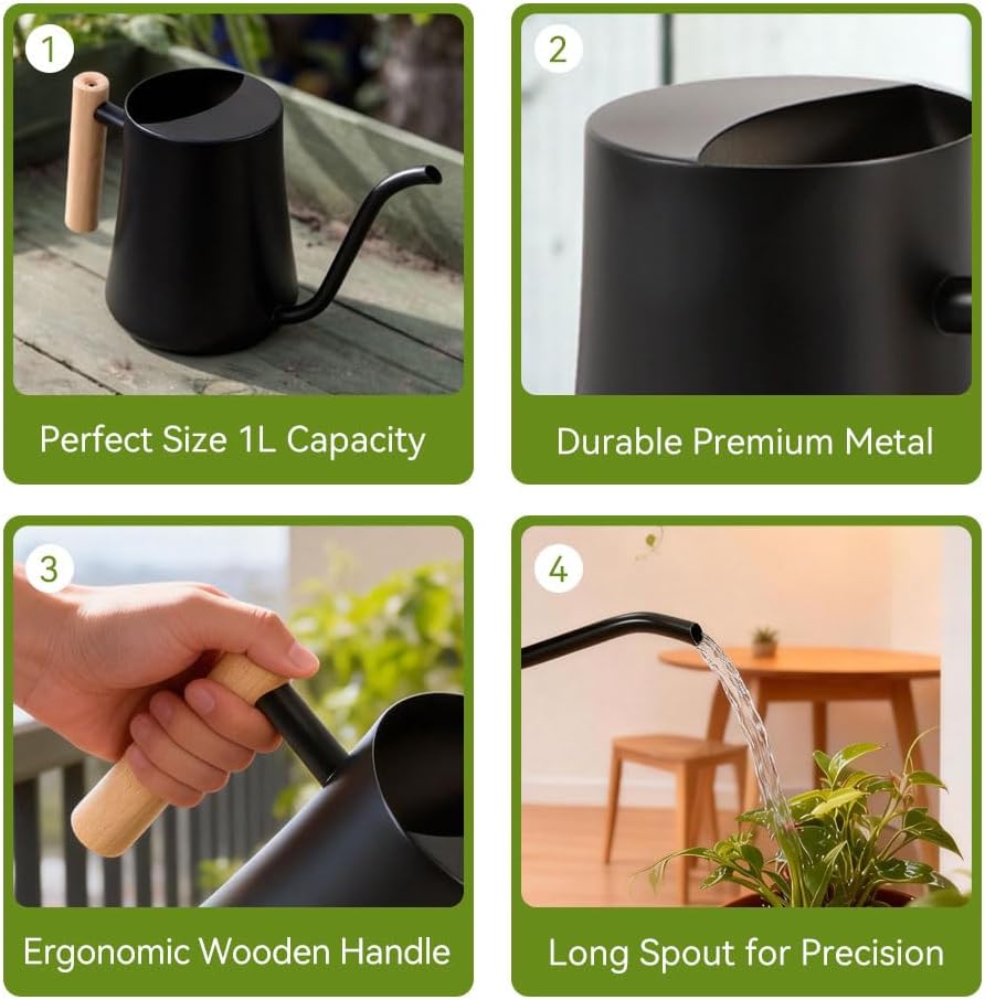 Black Watering Can for Indoor Plants, 1L/35oz Stainless Steel