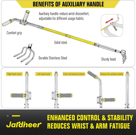 4-Tine Cultivator Rake with Auxiliary Handle, Garden Cultivator Long Handle, Hand Tiller Tool for Gardening Digging Loosening Weeding