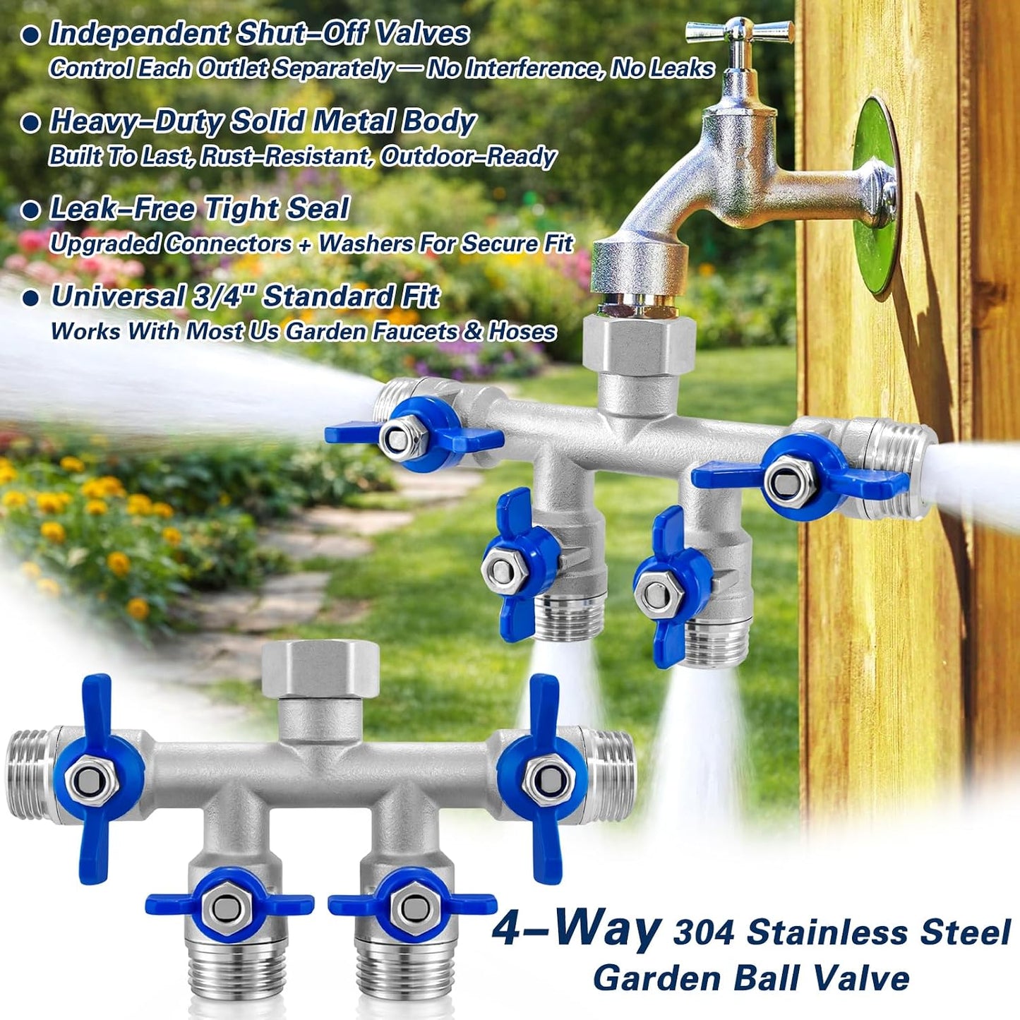 304 Stainless Steel 3 Way Garden Hose Splitter, Heavy Duty Hose Splitter with 3 Shut-Off Valves, 3/4" GHT Outdoor Faucet Hose Adapter, Full Flow Water Hose Connector