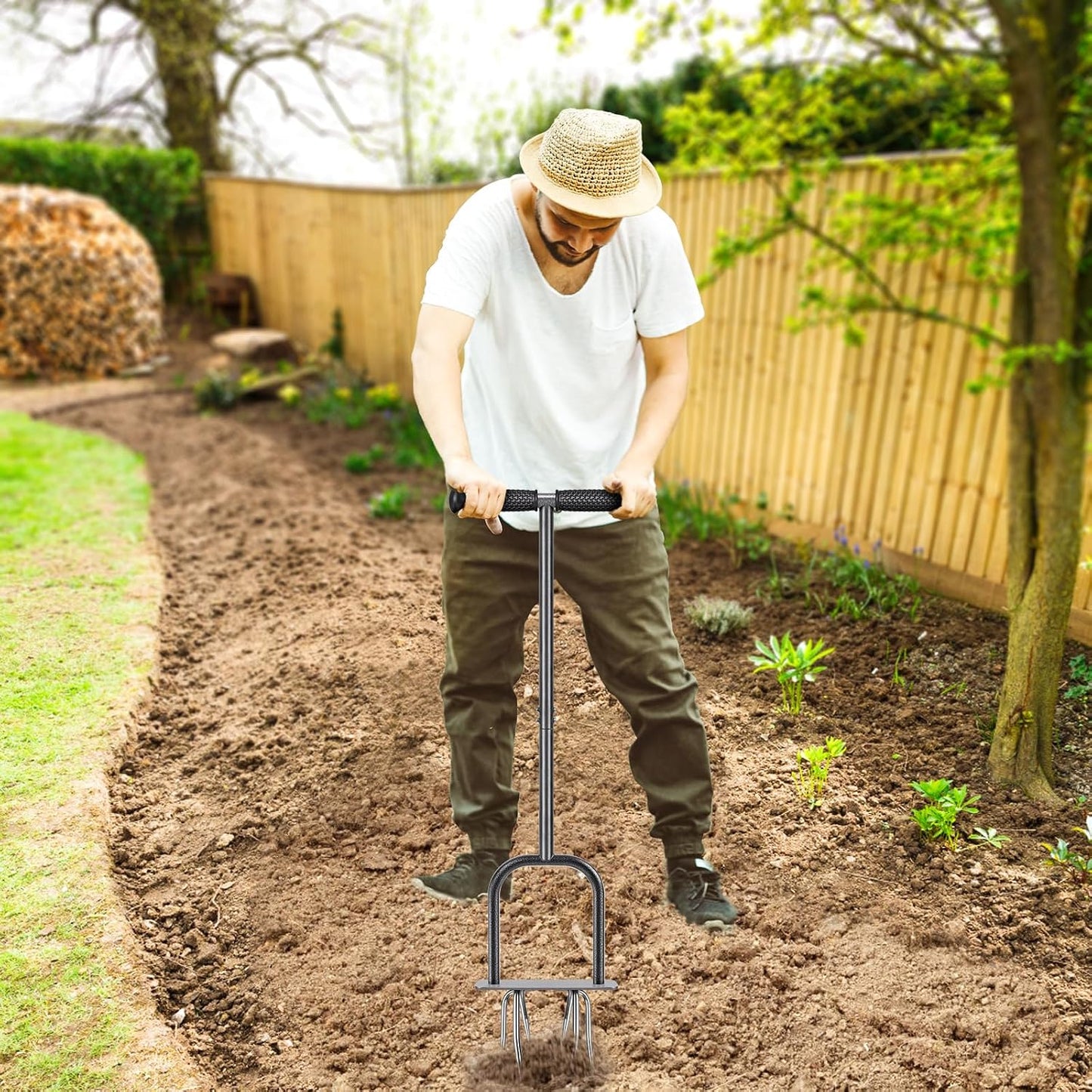 Manual Twist Tiller, All-Steel Garden Claw Cultivator with 4 Curved Claws and Soft Rubber Handle, Hand Tiller Garden Claw for Gardening Bed and Plant Box (39'')