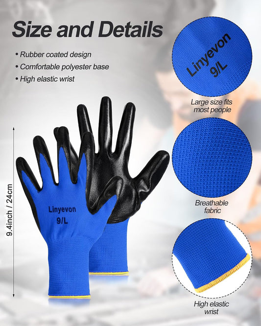 Pairs PU Coated Work Gloves Bulk, Reusable Rubber Safety Gloves for Men Women Work Warehouse, Mechanic, Woodworking