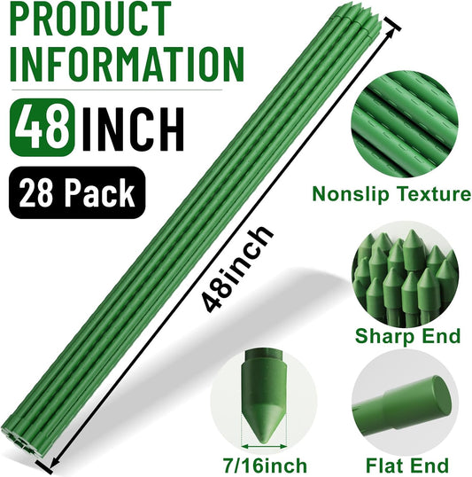 Garden Stakes 4Ft, 28 Pack 48 Inch Plant Tomato Stakes and Supports Sturdy Plastic Coated Metal Garden Support Stick for Outdoor Indoor Climbing Plants, Beans, Vegetables, Trellis, Tree