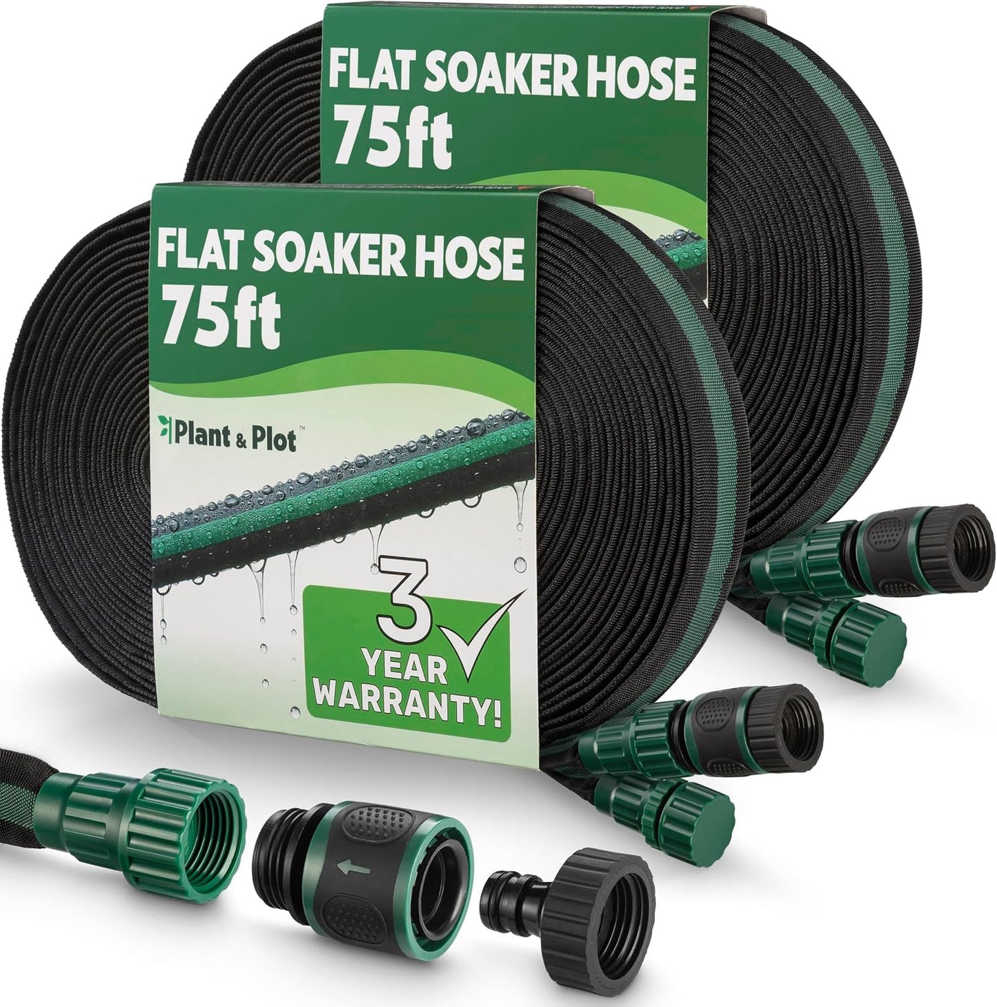 Flat Soaker Hose 50ft for Garden // Drip Hose for Garden Beds, Lawns and Trees // Heavy Duty Leakproof Design with Quick Connect // Linkable Irrigation System for Vegetables and Flowers