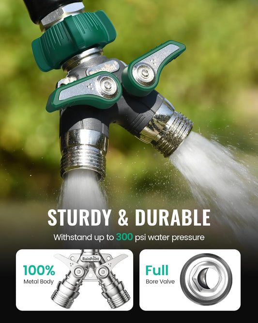 Garden Hose Splitter, 2 Way Heavy Duty Water Hose Y Spigot Splitter with Shutoff Valves, 100% Metal Body Outdoor Faucet Splitter, 1.9" Extra Long Metal Handle (1, Deep Green)