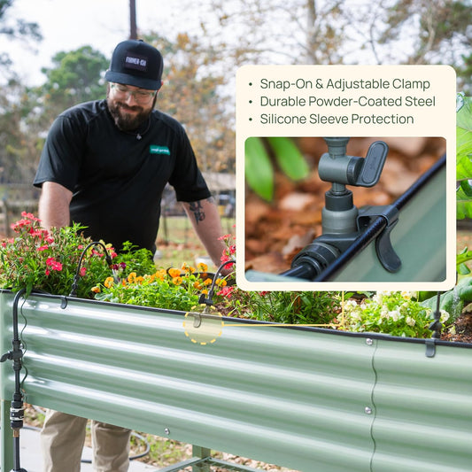 Clamp Set for Irrigation Kit – 10-Pack Adjustable Snap-On Clamps with Powder-Coated Steel & Silicone Sleeves, Drill-Free Irrigation Support for Raised & Elevated Garden Beds