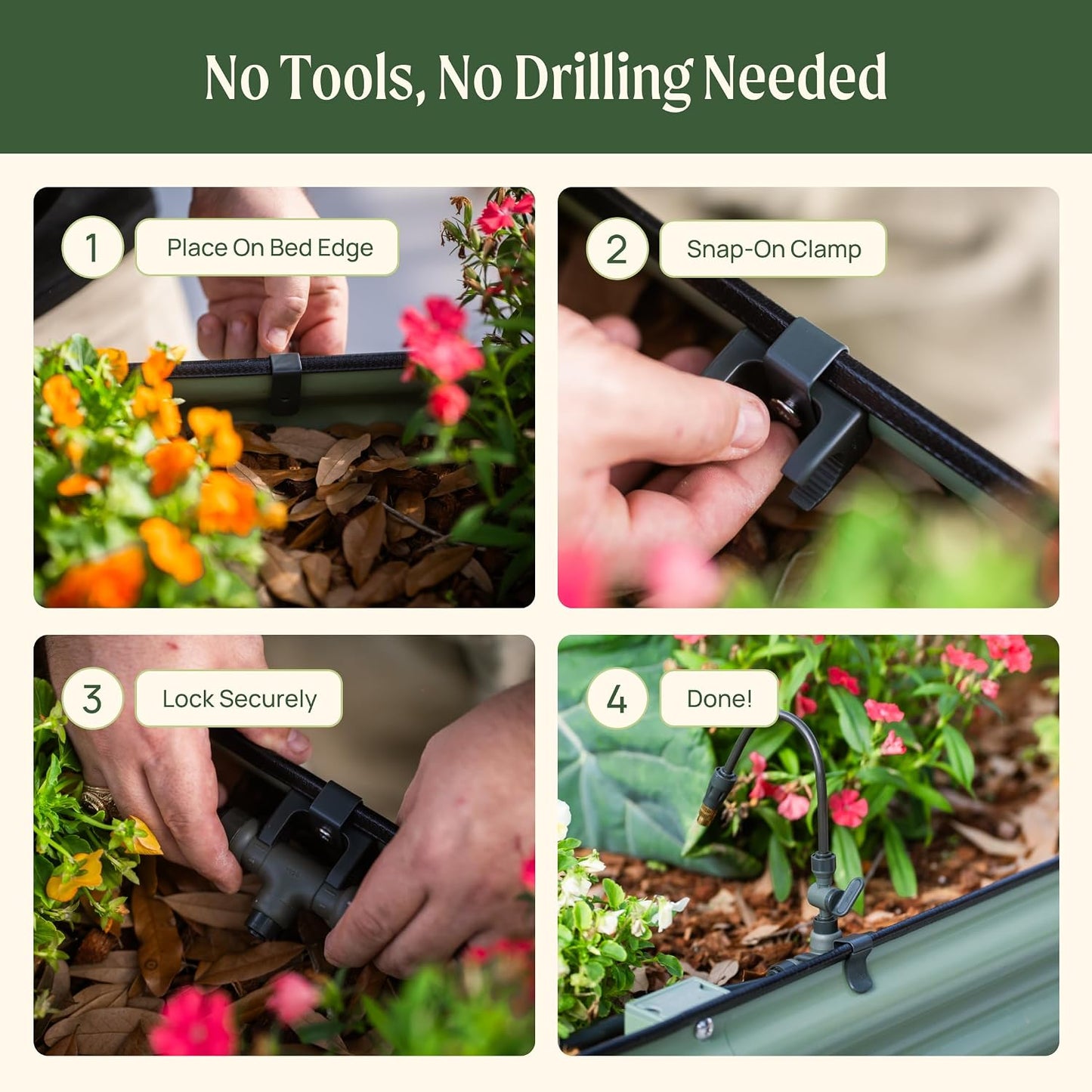 Clamp Set for Irrigation Kit – 10-Pack Adjustable Snap-On Clamps with Powder-Coated Steel & Silicone Sleeves, Drill-Free Irrigation Support for Raised & Elevated Garden Beds