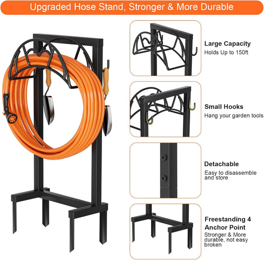Garden Hose Holder, Freestanding Heavy Duty Water Hose Holder for Outside, Upgraded Metal Hose Stand with 4 Spikes, Detachable Garden Hose Storage Hose Reel Rack, Black