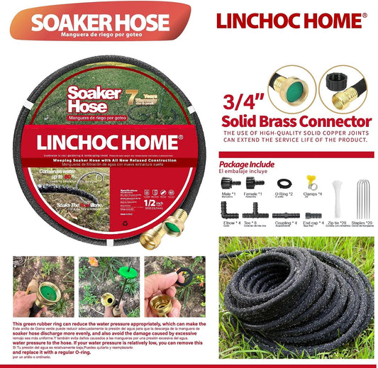 Soaker Hose 150FT 1/2 Inch with Solid Brass Connectors & Garden Stakes Kit, Flexible Leakproof Irrigation System for Garden, Lawn & Landscape