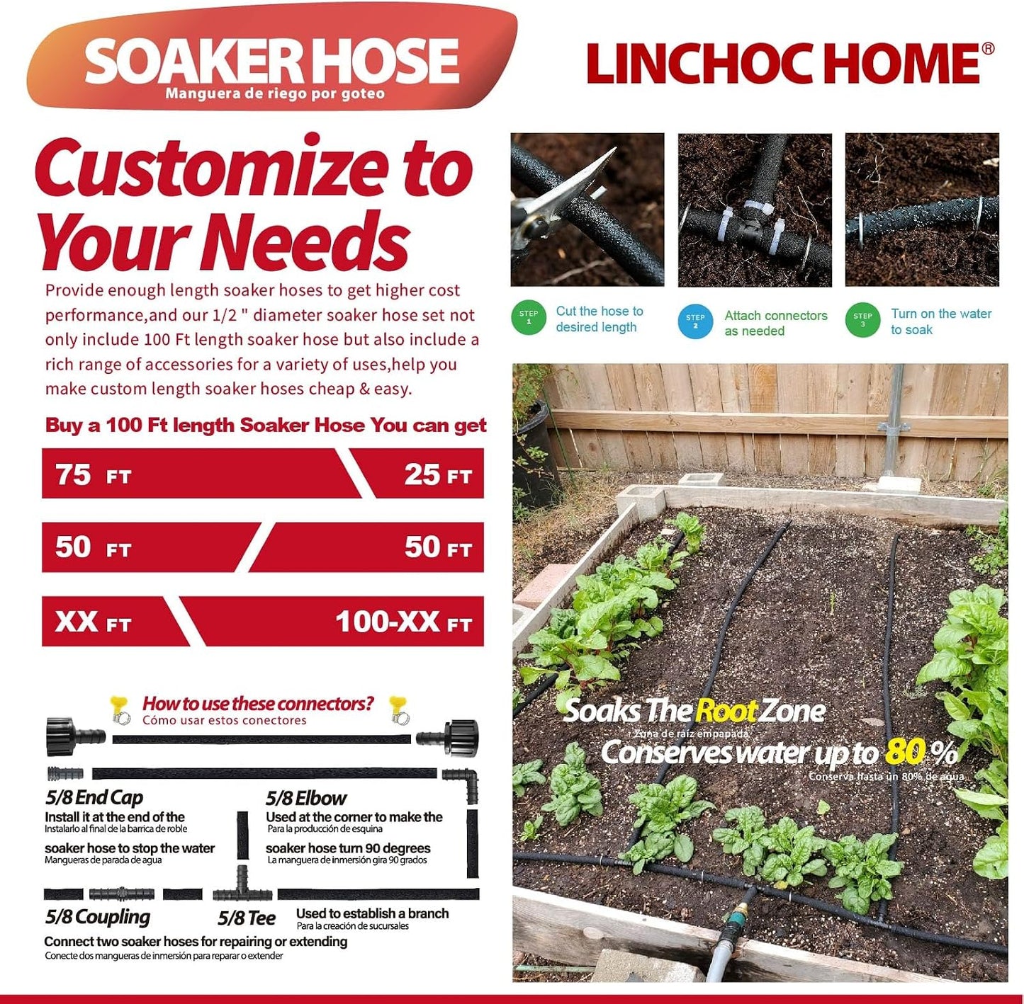 Soaker Hose 150FT 1/2 Inch with Solid Brass Connectors & Garden Stakes Kit, Flexible Leakproof Irrigation System for Garden, Lawn & Landscape
