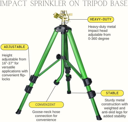 2Pack-Impact Sprinkler on Tripod Base, Heavy Duty Lawn Sprinkler 360° Coverage, Large Area Irrigation Sprinkler for Garden & Yard, Adjustable Height 16-37 Inch with Stable Base (2) CWS105201D-2