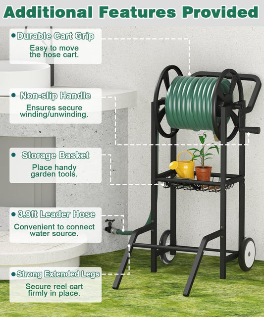 Hose Reel Cart with 2 Wheels, Garden Water Hose Holder Heavy Duty Powder Coated Steel Outdoor Winder Storage Holds 125 ft 5/8" Hoses with Basket and 3.9ft Leader Hose for Backyard, Black