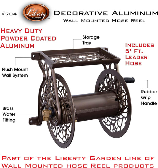 Liberty GARDEN 704 Decorative Cast Aluminum Wall Mount Garden Hose Reel, Holds 125-Feet of 5/8-Inch Hose - Bronze
