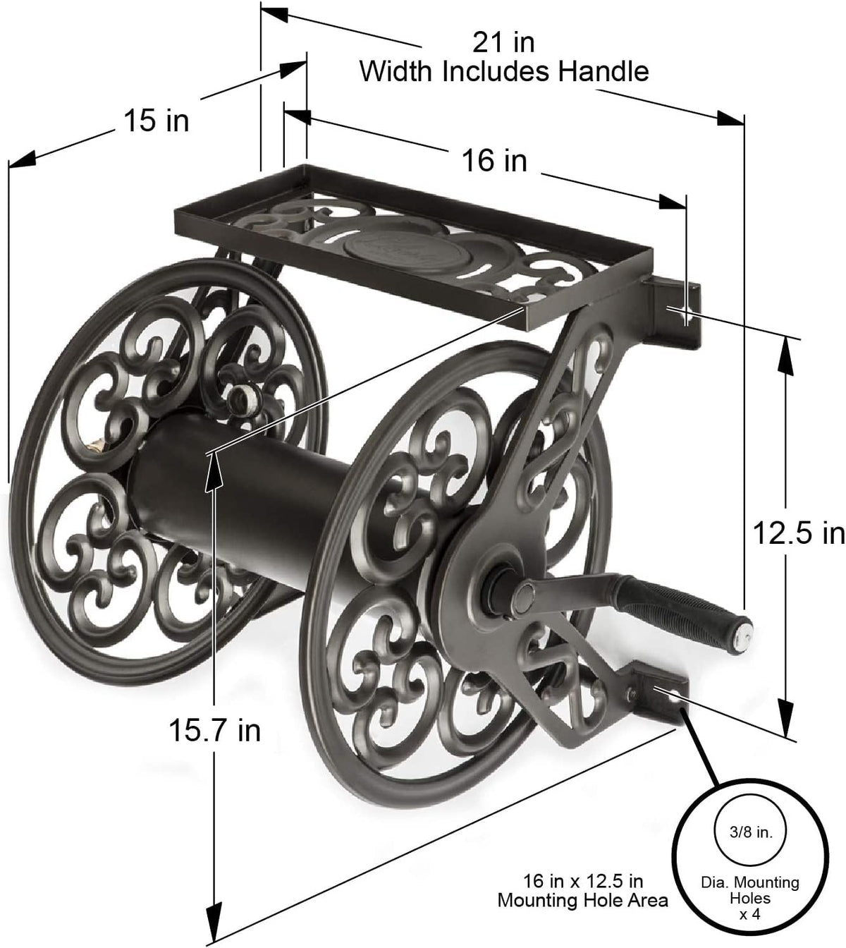 Liberty GARDEN 704 Decorative Cast Aluminum Wall Mount Garden Hose Reel, Holds 125-Feet of 5/8-Inch Hose - Bronze