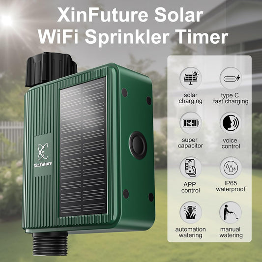 Smart WiFi Solar Sprinkler Timer, XinFuture Water Timer Rechargeable with Rain Delay, Manual& Automatic Watering System for Garden Hose Faucet, App& Voice Control, Outdoor Irrigation Controller