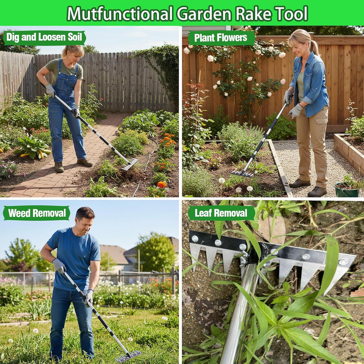 Iron Rake for Weeding, Garden Metal Rake Heavy Duty with 5 Tines, Garden Weeding Rake Tools, Sharp Gardening Weed Rake Tool, Hand Rake Weeder Tool Weed Puller for Backyard Farm Planting Weeding