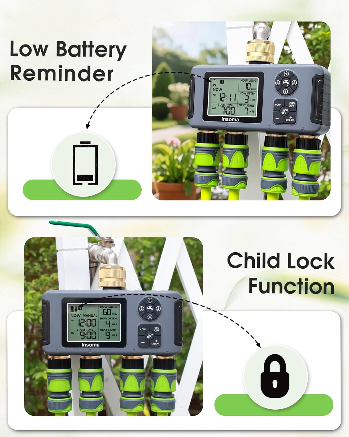2-Zone Sprinkler Timer, Programmable Garden Hose Timer with Auto/Manual/Rain Delay Modes | Water-Saving Irrigation Controller for Lawn, Yard & Drip Systems | Waterproof Design & Easy Setup