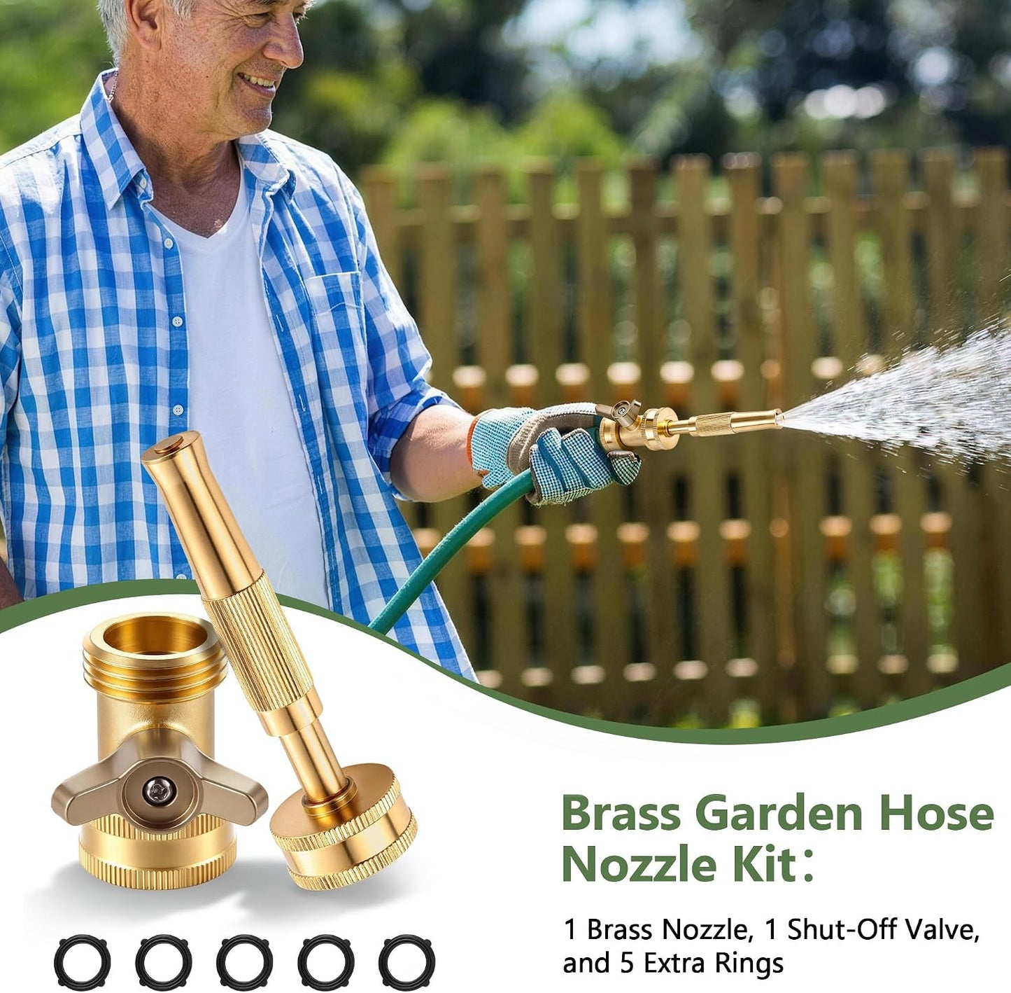 2 Set Garden Brass Hose Nozzle Kit, Heavy Duty Adjustable Dial Hoses Nozzle, Jet High Pressure Water Sprayer, Upgraded Wing Handle Hose Shut Off Valve, 3/4" GHT Connector, Extra 10 Rubber Washers