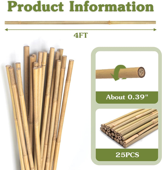 Plant Stakes 4FT, Natural Bamboo Stakes, 25Pcs Sturdy Bamboos Garden Stakes