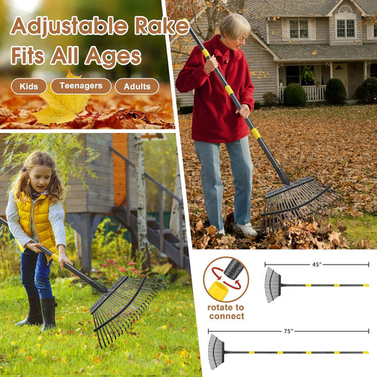 Leaf Rake 18” Wide Heavy Duty Metal 25 Tines Garden Rake Set with 30-75” Adjustable Long Handle for Yard Grass Shrub Mulch Including 32Gallon Garden Bag Leaf Scoops
