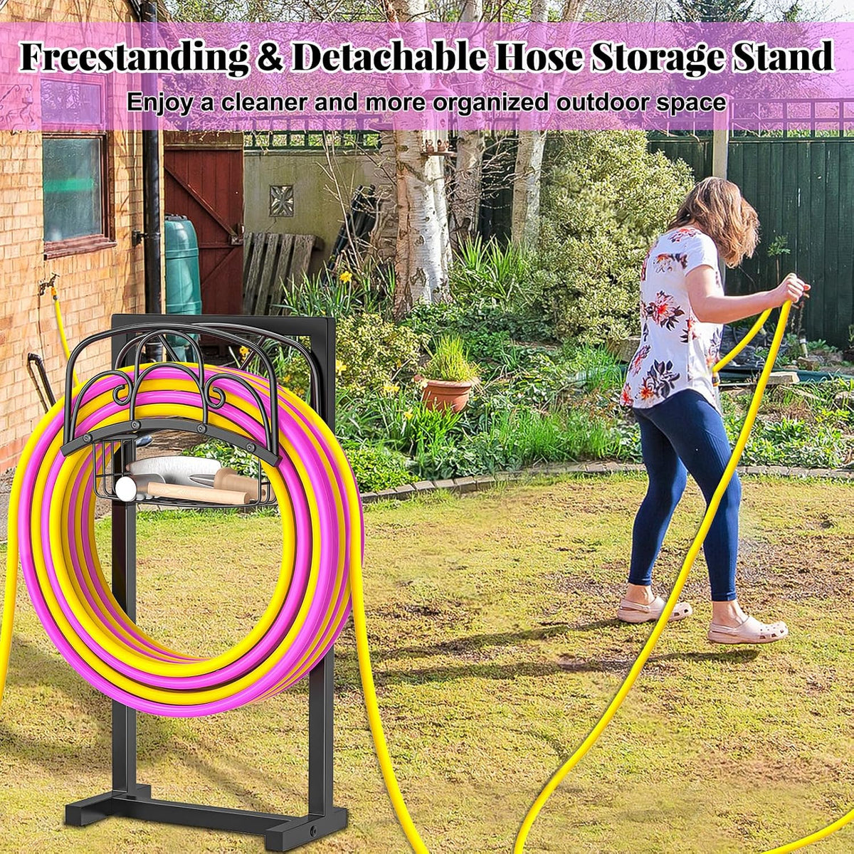 Garden Hose holder, 4-Spike Heavy Metal with Storage Basket, Swirl