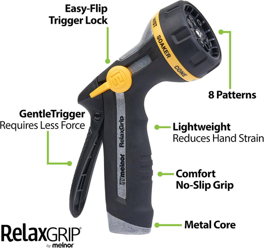 65187AMZ RelaxGrip 8-Pattern Hose Nozzle with Quick Connect Bundle, Ergonomic Rear Trigger, Lightweight Water Nozzle, Arthritis Foundation Ease of Use Certified, Black, Yellow