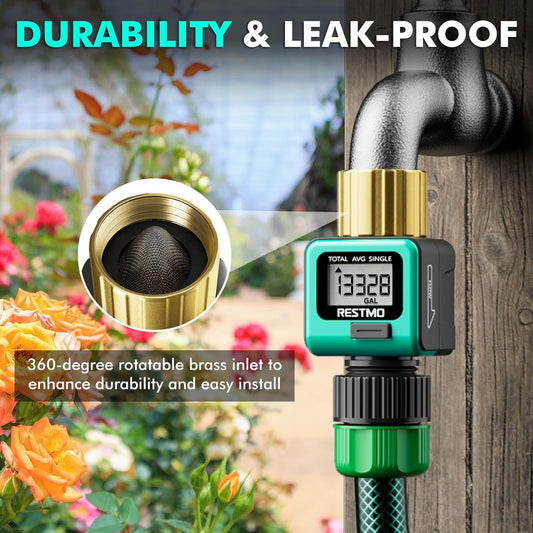 Water Flow Meter with Brass Inlet Metal Thread, Measure Gallon/Liter Consumption and Flow Rate for Outdoor Garden Hose Watering, RV Water Tank Filling, Lawn Sprinkler and Nozzle Sprayer