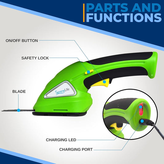 Cordless Handheld Grass Cutter Shears | Portable Lightweight Electric Hedge Shrub Trimmers | Hand Held Garden Clippers | Powered with Rechargeable 3.6V Battery | Changeable Trimmer Blades